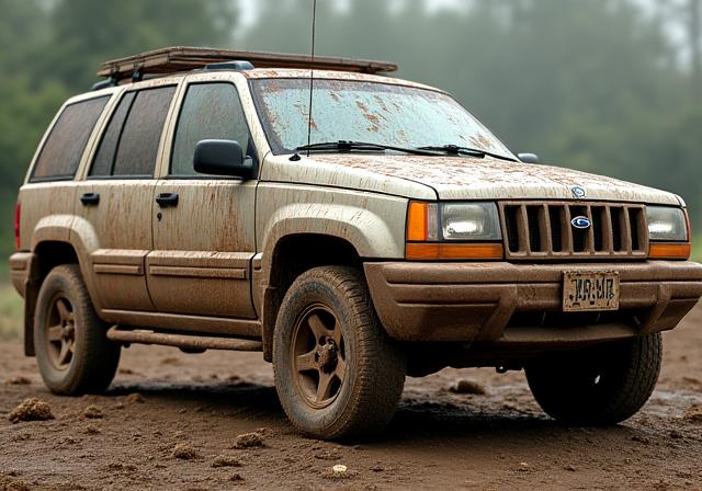 A muddy SUV before cleaning.